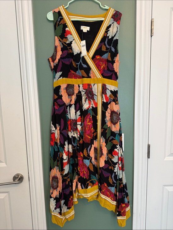 Anthropologie Dresses & Skirts - Anthropologie Black Floral Midi Dress with Mustard Trim